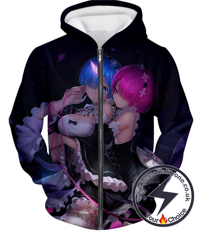 Re:Zero Cute Twin Oni Sisters Ram and Rem Black Zip Up Hoodie